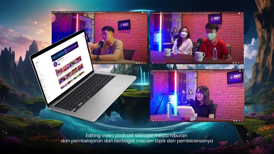 Jasa editing video podcast untuk hiburan dan pembelajaran dengan berbagai topik dan pembicara.
