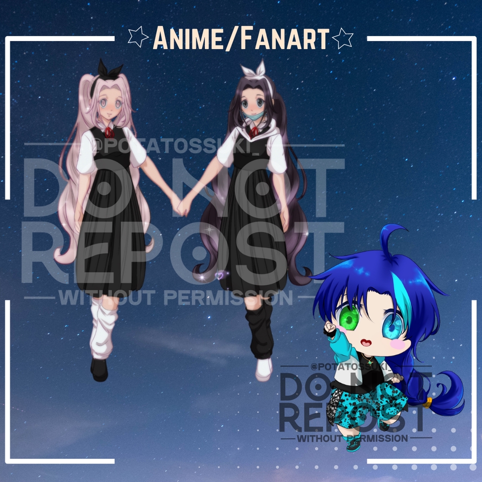 Ilustrasi anime gadis berambut coklat dan hitam mengenakan seragam sekolah sedang bergandengan tangan.