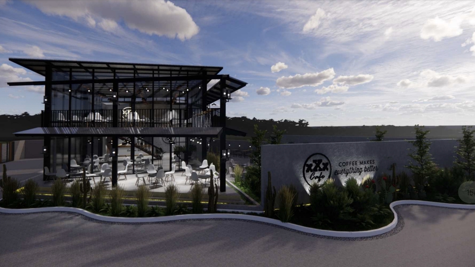 Jasa desain 3D untuk cafe minimalis dengan desain interior dan eksterior yang menarik.