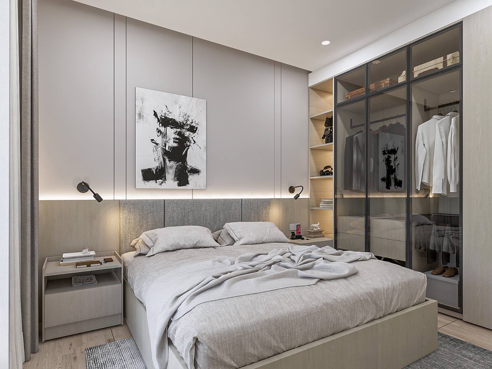 Jasa drafter interior, desain kamar tidur minimalis dengan lemari kaca dan tempat tidur kayu