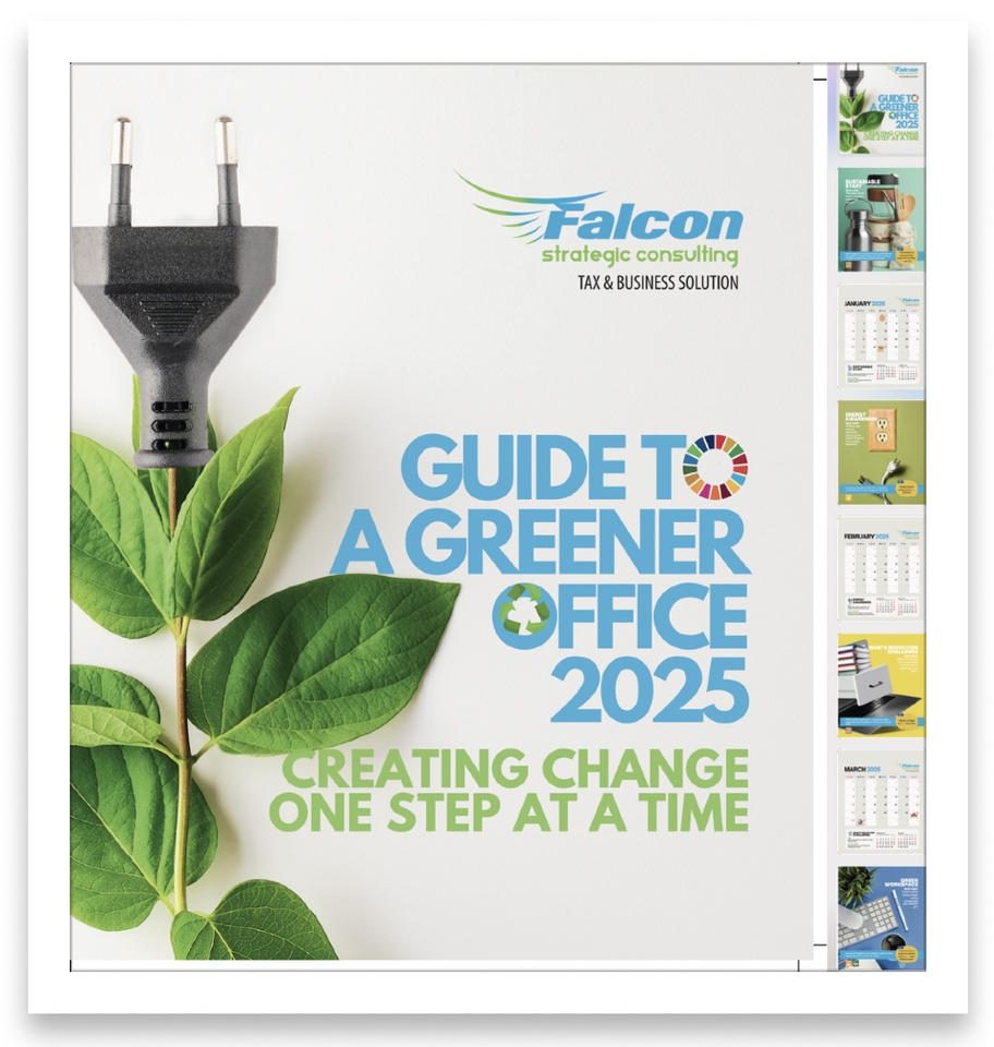 Brosur panduan kantor ramah lingkungan dari Falcon strategic consulting. Desain brosur bertema hijau dengan gambar kabel dan tanaman, dilengkapi informasi tentang bagaimana membuat kantor lebih ramah lingkungan dan menjaga lingkungan.