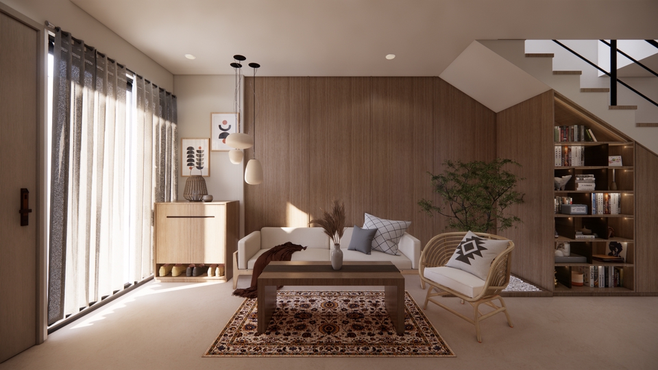 Jasa desain interior minimalis untuk rumah dengan sofa dan rak buku di ruangan yang luas