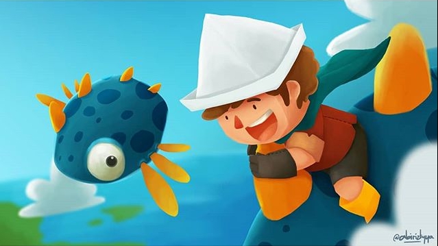 Ilustrasi kartun lucu seorang anak laki laki dengan topi sedang menaiki seekor ikan buntal berwarna biru.