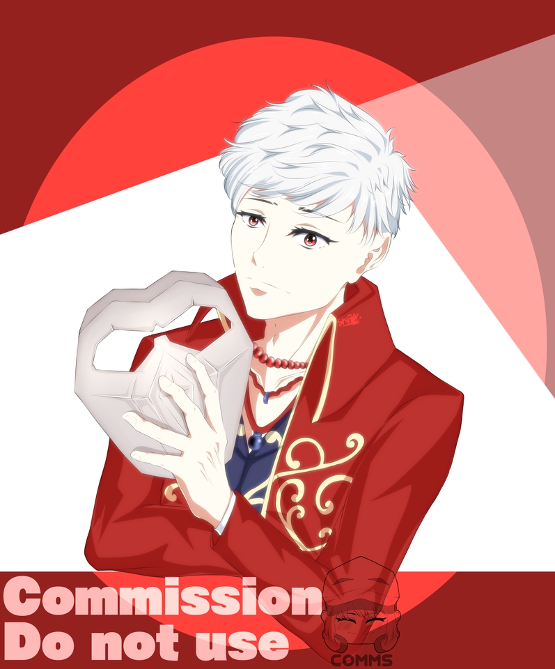 Ilustrasi digital seorang karakter anime laki laki dengan rambut putih dan mengenakan pakaian merah dengan desain emas memegang objek putih, cocok untuk desain promosi atau konten media sosial.