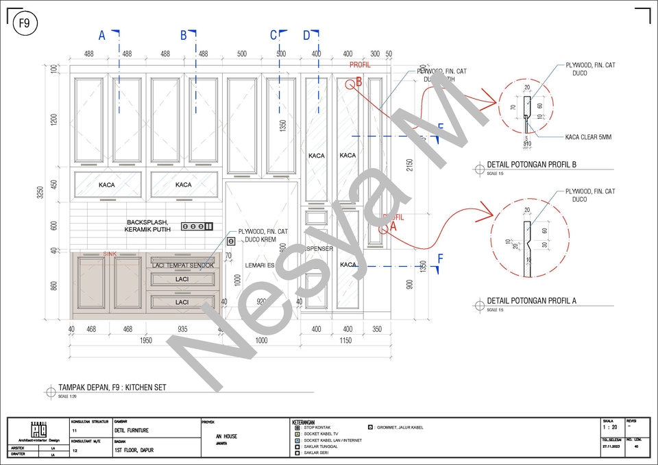 Jasa drafter autocad murah, desain interior kitchen set dengan detail potongan profil.