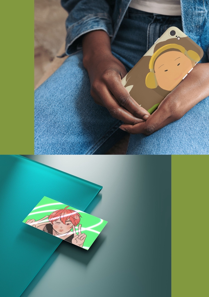 Ilustrasi digital seorang karakter kartun pria dengan rambut merah sedang peace dengan background hijau