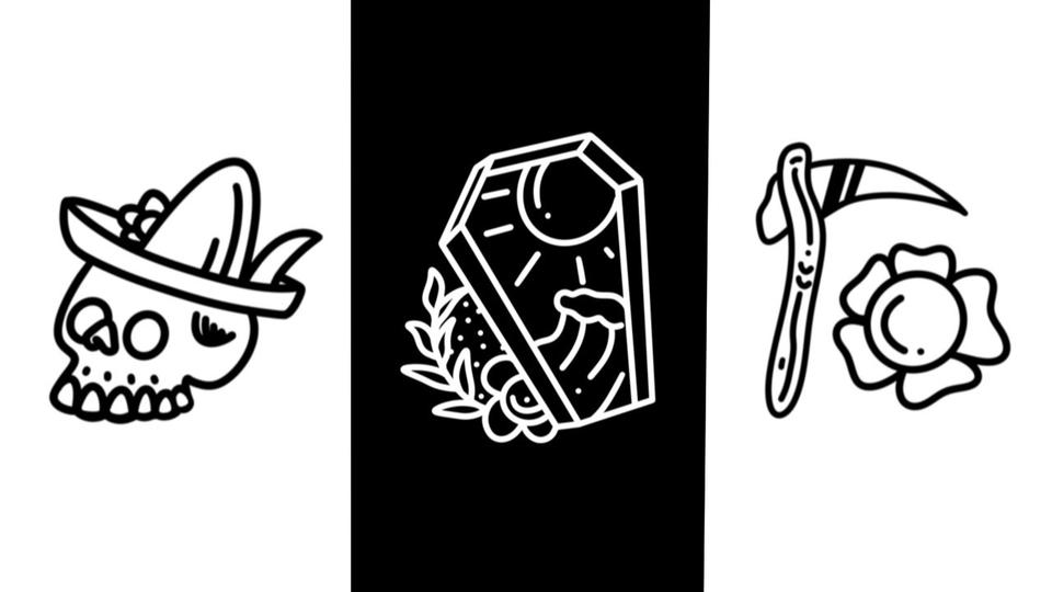 Ilustrasi vektor hitam putih set halloween: tengkorak dengan sombrero, peti mati, sabit, dan bunga. cocok untuk desain kartu ucapan, spanduk, kaos, atau poster. desain grafis halloween. jasa ilustrasi digital.