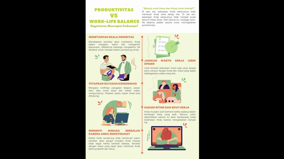 Infografis tentang tips meningkatkan produktivitas dan work-life balance dengan informasi yang mudah dipahami dan menarik