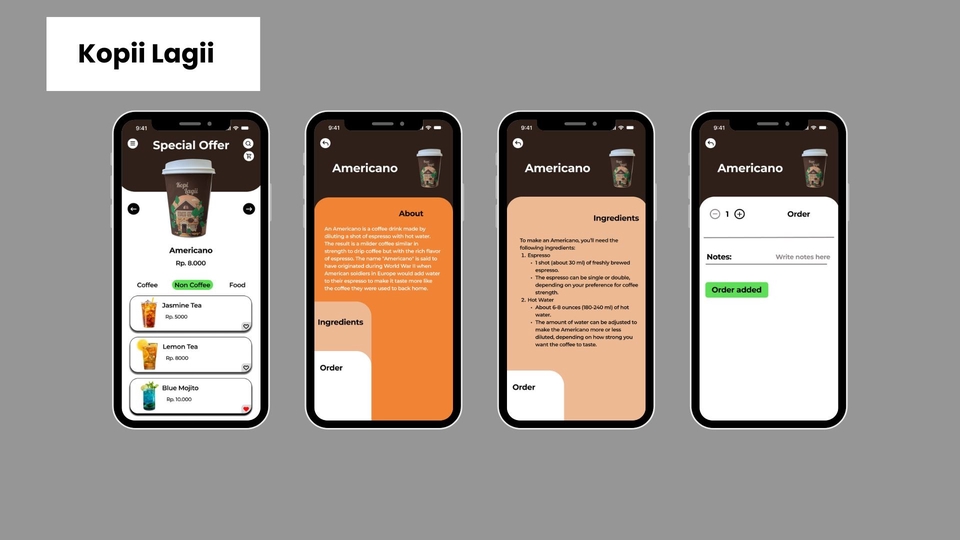 Desain UI UX untuk aplikasi kopi dengan tampilan sederhana dan modern untuk pemesanan online.