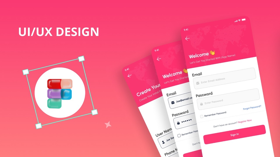 Desain mockup UI UX aplikasi mobile dengan warna merah dan putih.