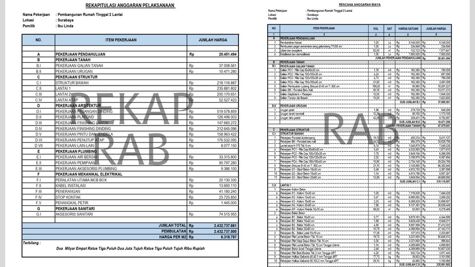Rekapitulasi Anggaran Pelaksanaan Rumah Tinggal 2 Lantai untuk jasa konstruksi bangunan, perencanaan dan konsultasi keuangan, termasuk RAB dan detail biaya.