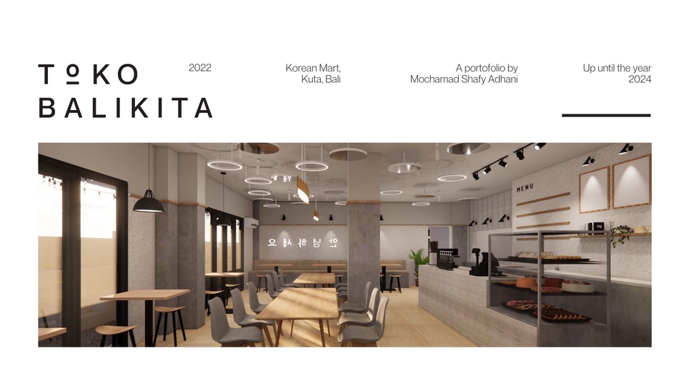 Desain interior cafe minimalis modern dengan meja kayu dan kursi kayu, cocok untuk cafe kopi atau restoran kecil di Kuta, Bali.