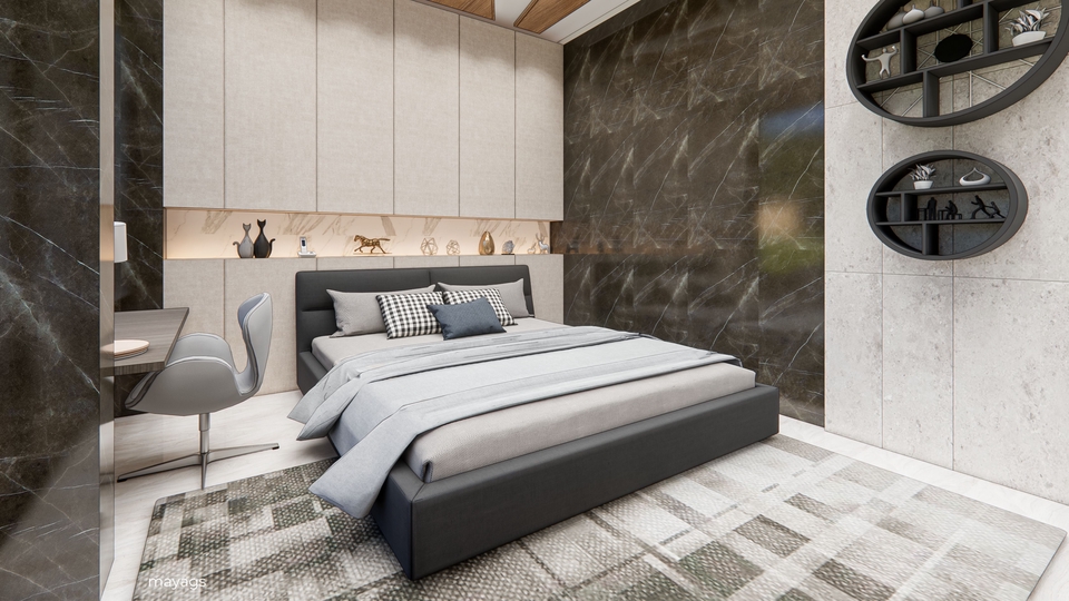 Desain interior kamar tidur minimalis modern dengan tempat tidur dan dekorasi dinding