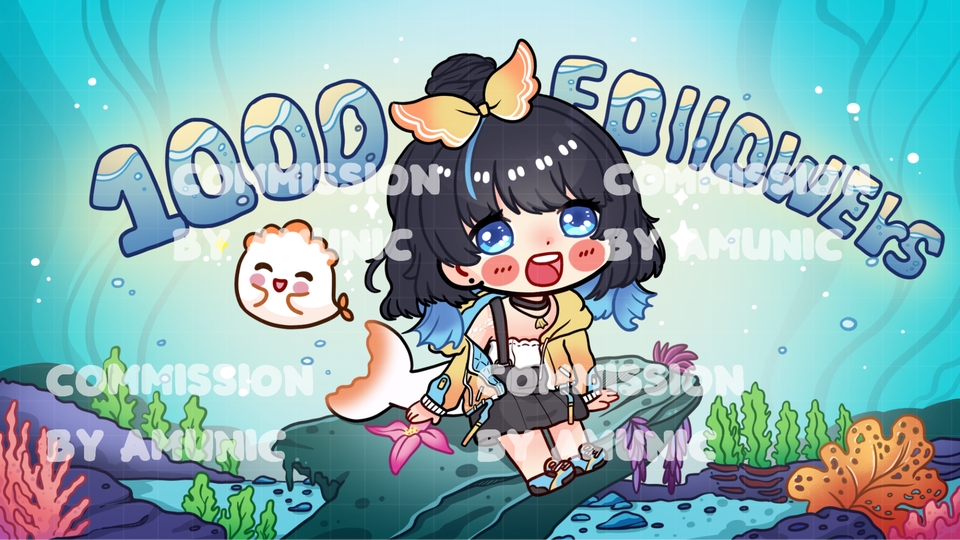 รับวาดภาพประกอบสไตล์น่ารักฉลองยอดผู้ติดตาม 1,000 คนพร้อมตัวละครสาวน้อยในชุดนางเงือกและปลาตัวน้อยน่ารัก วาด digital painting รับวาดภาพนิทาน ภาพวาดสวยๆ ออกแบบตัวละคร วาดภาพประกอบเกมส์ การ์ตูนน่ารัก