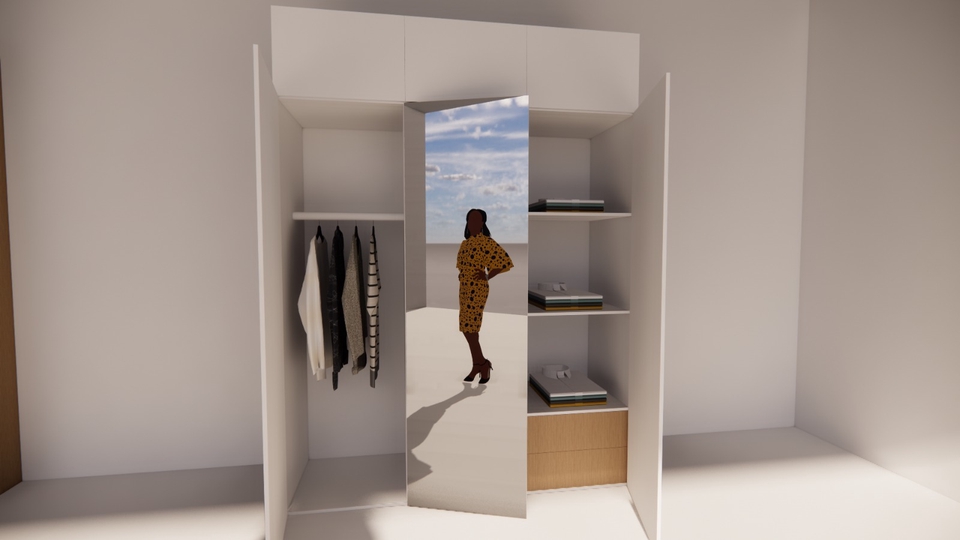 Desain lemari minimalis dengan cermin dan rak terbuka untuk menyimpan baju dan aksesoris.