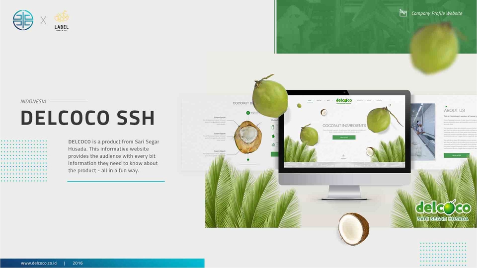 Jasa desain website profesional untuk Delcoco SSH, menampilkan desain web dan logo, dengan tema kelapa.