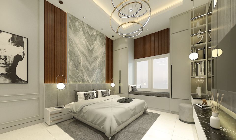 Jasa desain interior rumah minimalis modern dengan ruang tidur yang nyaman dan mewah.
