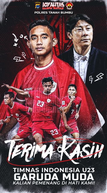 Terima kasih Timnas Indonesia U23, Garuda Muda, kalian pemenang di hati kami! Desain spanduk untuk merayakan kemenangan timnas Indonesia.