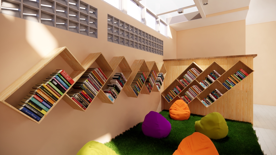 Jasa desain interior 3d untuk ruang baca minimalis dengan rak buku unik