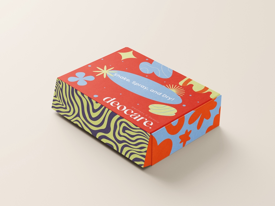 Desain kemasan unik dan menarik untuk produk makanan, dengan kombinasi warna cerah dan motif abstrak.