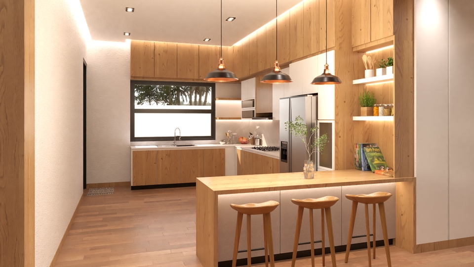 Desain interior dapur minimalis modern dengan kitchen set kayu dan island bar, jasa desain interior rumah, desain interior dapur, desain interior minimalis.