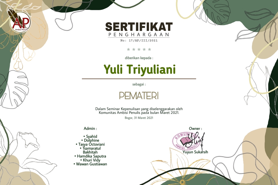 Sertifikat penghargaan untuk jasa proofreading dan editing jurnal diberikan kepada Yuli Triyuliani sebagai pemateri