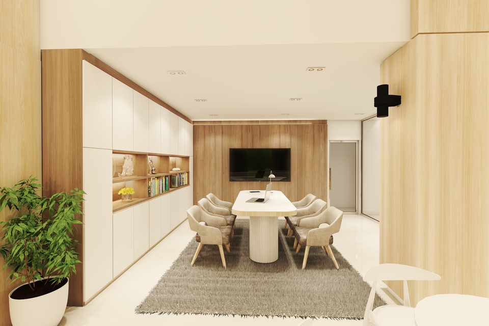 รับออกแบบตกแต่งภายใน โต๊ะประชุม ตกแต่งด้วยเฟอร์นิเจอร์สีขาว