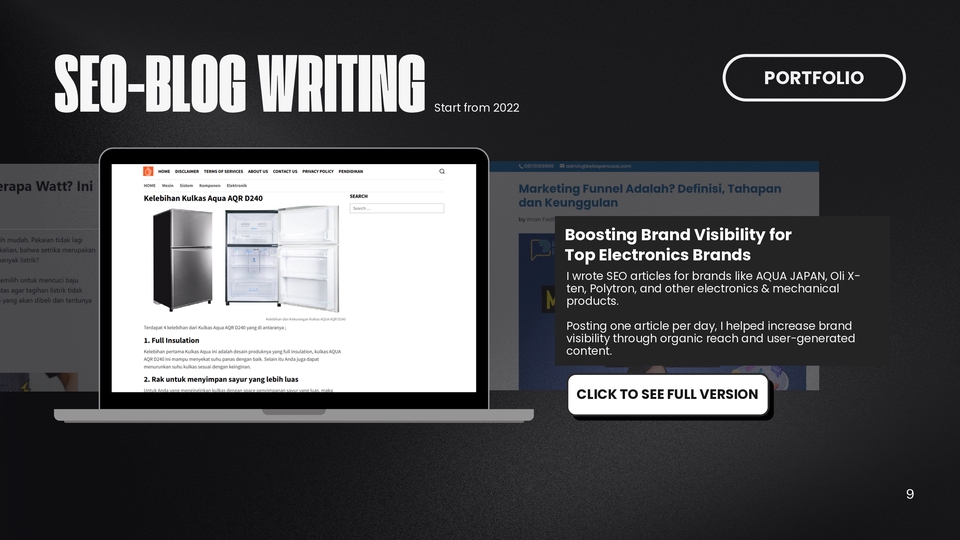 Jasa penulis artikel SEO untuk meningkatkan visibilitas brand elektronik di mesin pencari.
