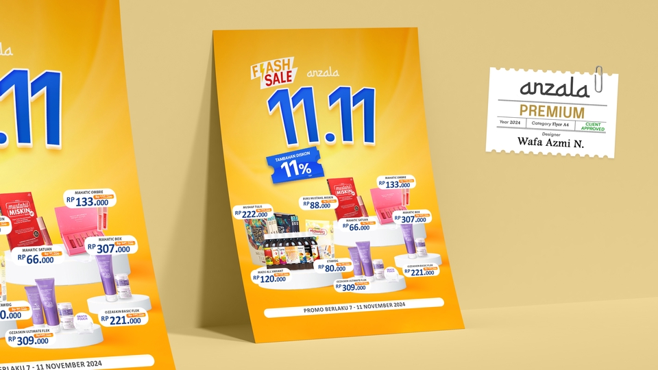 Promo Flash Sale 11.11 dengan diskon 11%, desain banner toko online dan offline dengan promo menarik.