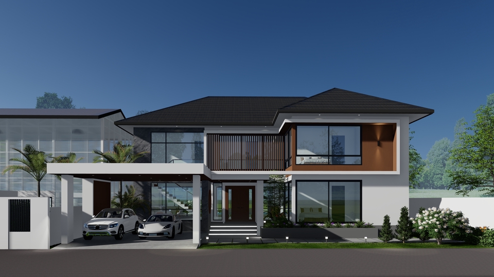 รับออกแบบบ้านสวยทันสมัยสองชั้น พร้อมที่จอดรถ ออกแบบตกแต่งภายในหรูหรา บริการรีโนเวทบ้านครบวงจร