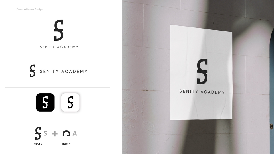 Jasa Desain Logo Senity Academy, Logo perusahaan keren dengan warna hitam putih, desain minimalis.