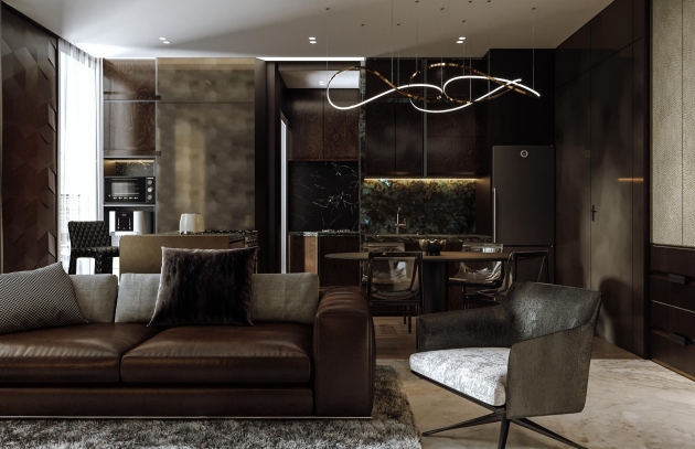 Jasa desain interior ruang tamu minimalis dengan furniture kulit dan lampu gantung unik.