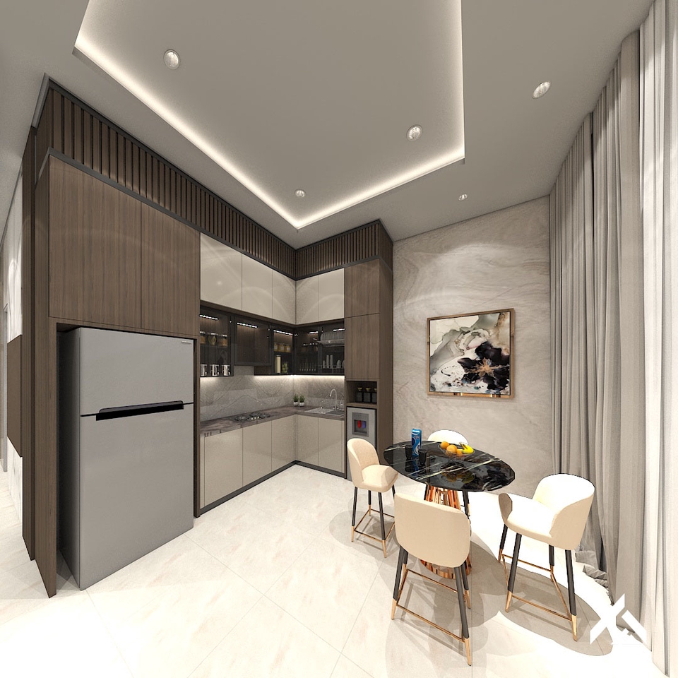 Desain interior minimalis modern untuk apartemen studio dengan dapur dan ruang makan.