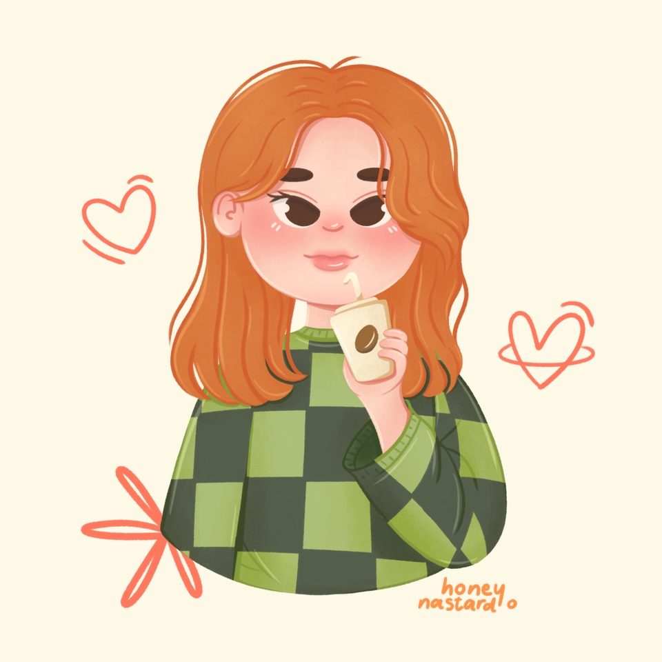 Ilustrasi seorang perempuan berambut merah sedang minum minuman di gelas plastik. Ilustrasi ini cocok untuk keperluan desain media sosial atau konten website.