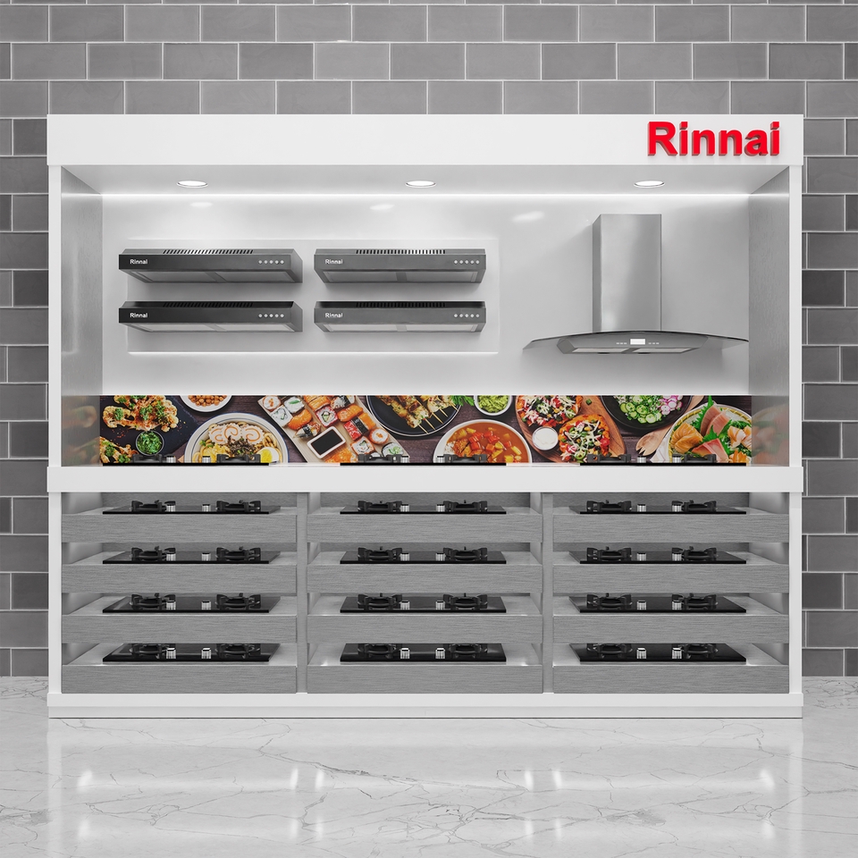 Jasa desain interior dapur minimalis dengan kitchen set dan peralatan masak Rinnai.