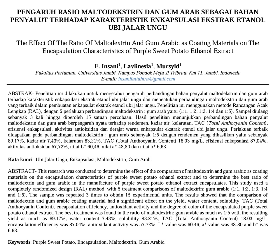 Jasa Penerjemah Bahasa Indonesia ke Inggris dan penerjemah dokumen untuk penelitian tentang efek rasio maltodekstrin dan gum arab terhadap karakteristik enkapsulasi ekstrak etanol ubi jalar ungu.