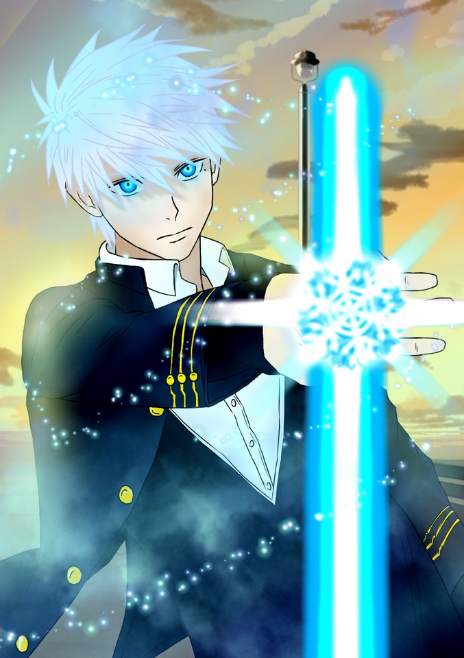 รับวาดรูปการ์ตูน ชายหนุ่มผมขาวตาสีฟ้า ถือดาบพลังแสงสีฟ้าสว่างจ้าในมือ กำลังวาดการ์ตูนแนวอนิเมะสวยงาม, ภาพวาดอนิเมะ, วาดรูปอนิเมะชาย, รับวาดการ์ตูนอนิเมะ, งานวาดการ์ตูน