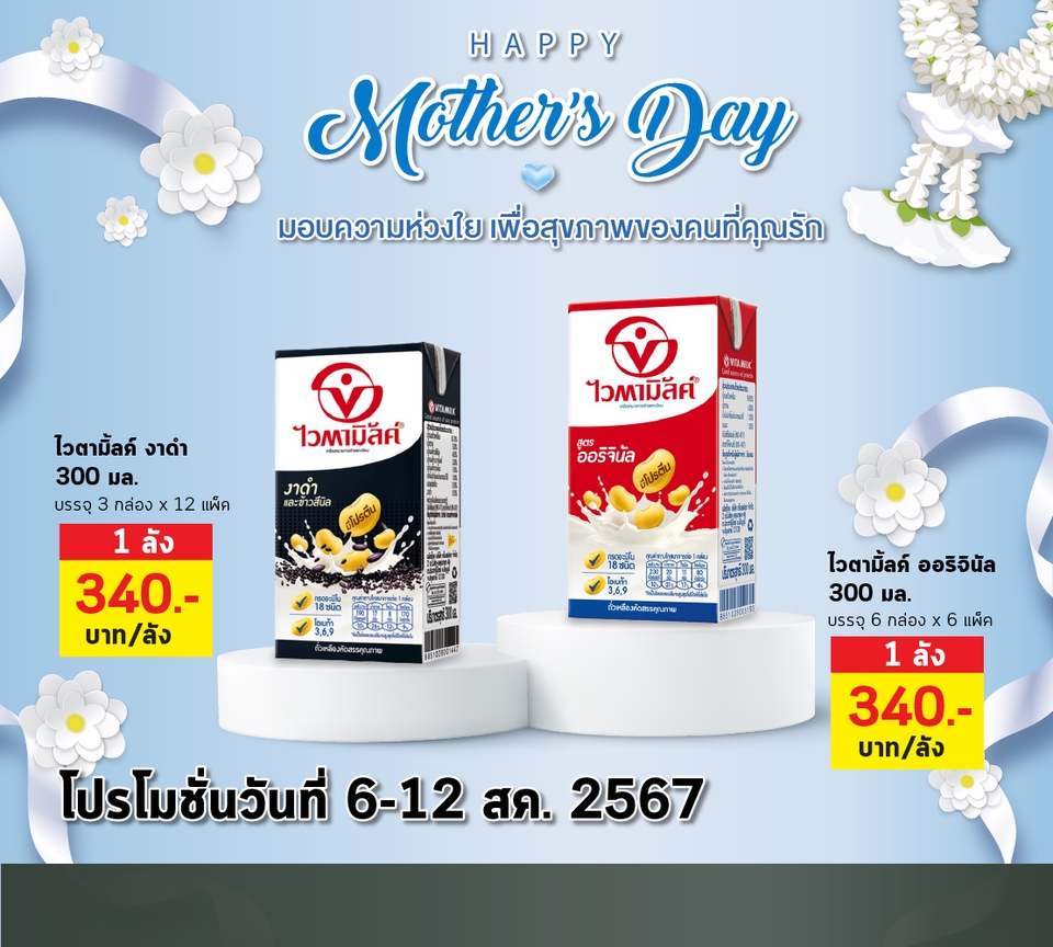 ออกแบบแบนเนอร์โปรโมชั่นวันแม่ สินค้าไอเท็มนมถั่วเหลือง โปรโมชั่นพิเศษ 6-12 สิงหาคม 2567