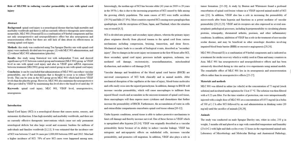 Artikel ilmiah tentang efektivitas Melatonin (MEL) dalam mengurangi permeabilitas vaskular pada tikus dengan cedera sumsum tulang belakang.