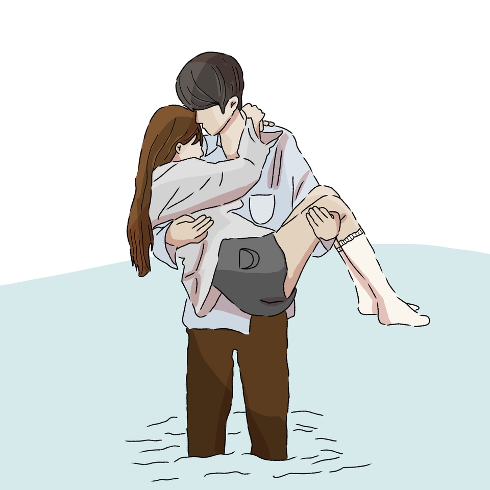 Jasa ilustrasi digital pasangan sedang berpelukan di pantai.