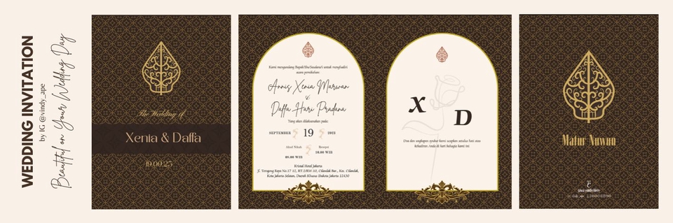 Kartu Undangan Pernikahan dengan desain unik dan elegan menggunakan warna emas dan motif khas Indonesia. Desain Undangan Pernikahan, desain undangan, kartu undangan pernikahan.