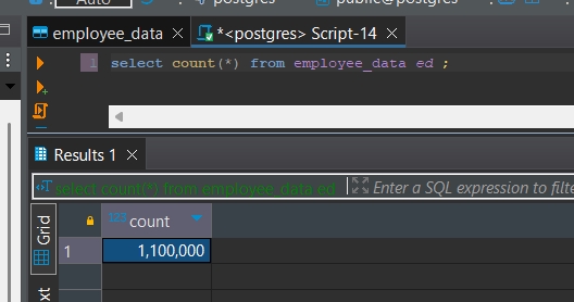 วิศวกรรมข้อมูล PostgreSQL นับจำนวนข้อมูลพนักงาน 1,100,000 รายการ