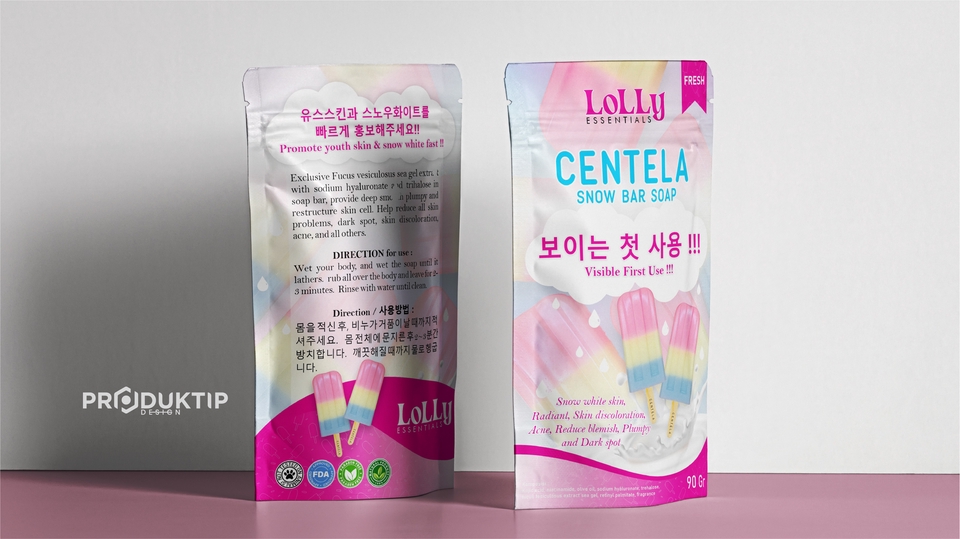 Jasa desain kemasan sabun Centella Snow Bar Soap dengan desain unik dan menarik, cocok untuk produk kecantikan dan kesehatan kulit.