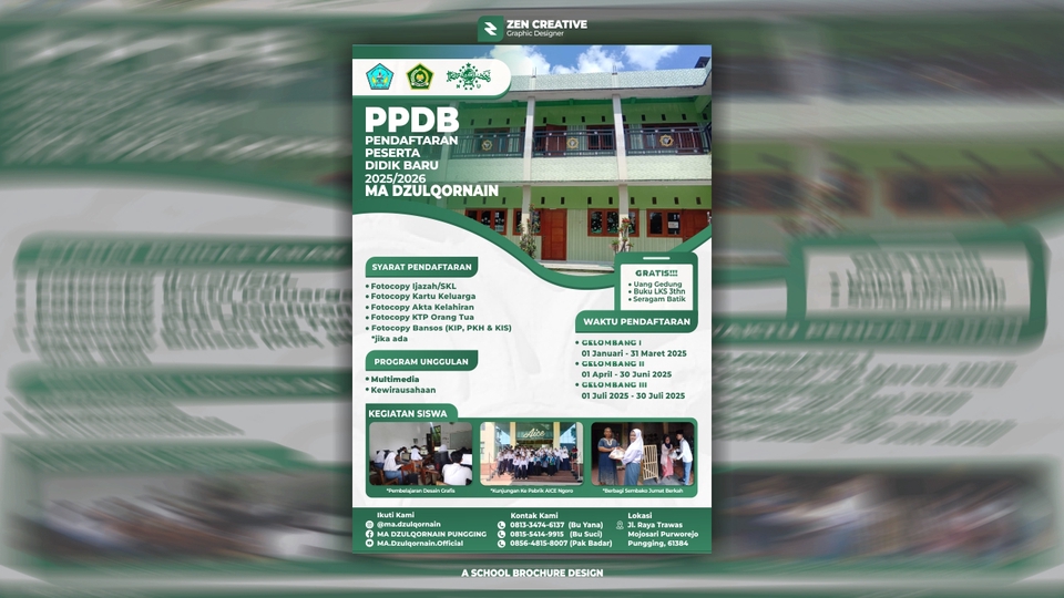 Desain brosur sekolah MA Dzulqornain untuk pendaftaran peserta didik baru tahun ajaran 2023/2024.