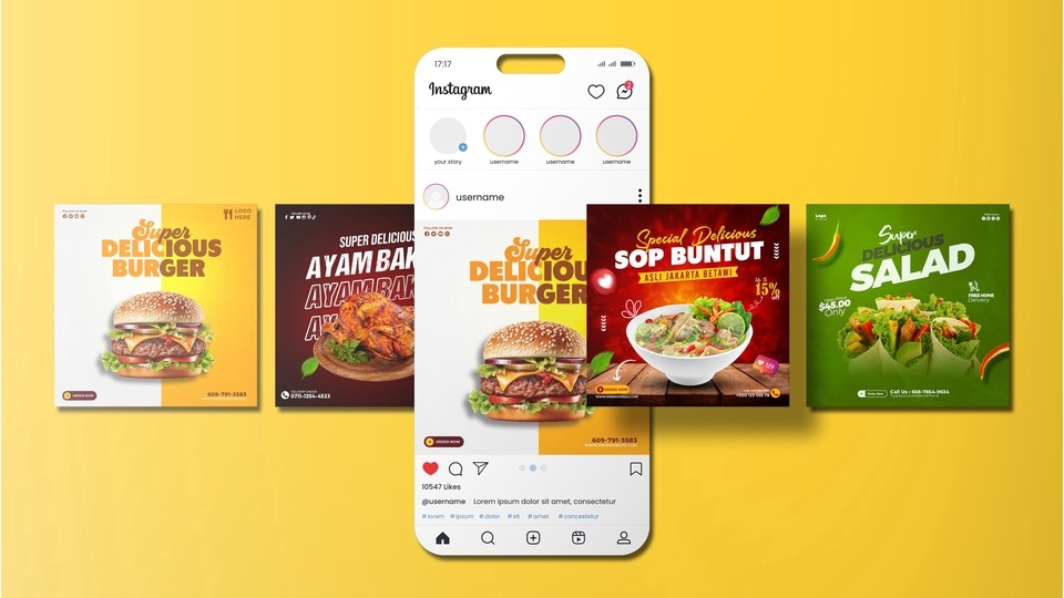 Desain banner Instagram promosi makanan: burger, ayam bakar, sop buntut, salad. Jasa desain banner online, buat banner unik untuk Instagram bisnis.