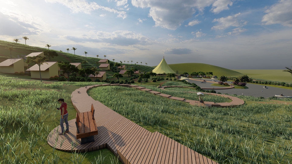 Jasa desain arsitektur 3d, rumah minimalis dengan taman dan kolam renang.