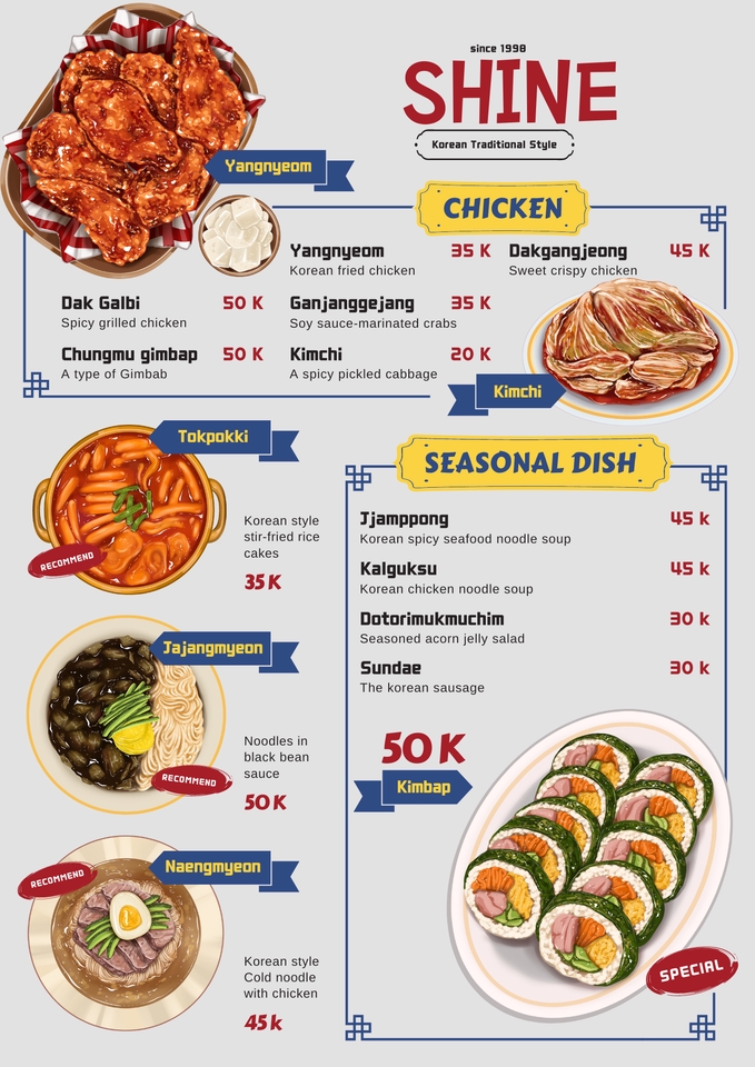 Menu makanan Korea Shine, harga dan contoh desain.