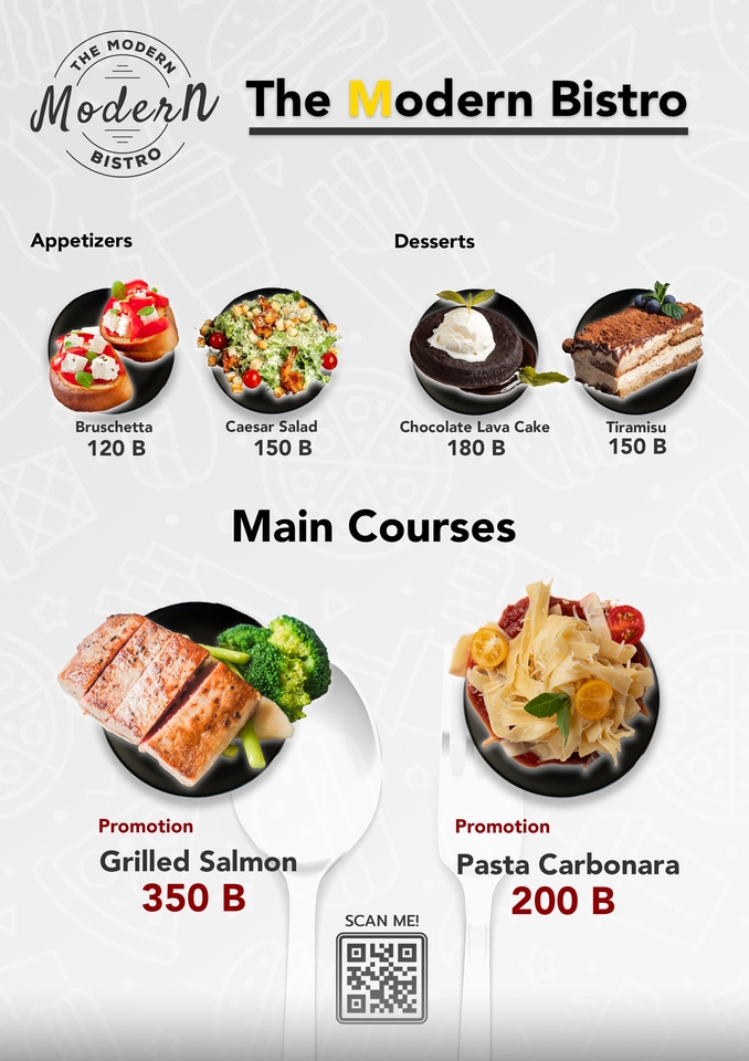 banner ร้านอาหาร The Modern Bistro เมนูอาหารน่าทาน ทั้งอาหารเรียกน้ำย่อย อาหารจานหลัก และของหวาน