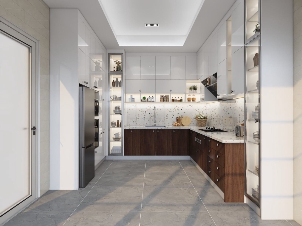 Jasa desain interior dapur minimalis modern dengan desain 3d, cocok untuk rumah dan apartemen di Indonesia.