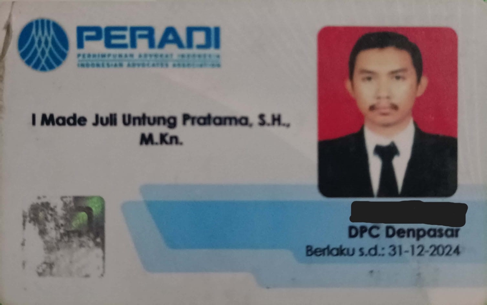 Kartu identitas I Made Juli Untung Pratama, S.H., M.Kn. sebagai jasa legal freelance konsultan legal dari DPC Denpasar.
